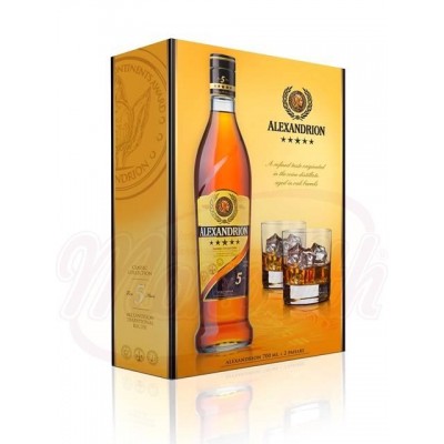 prodotti alimentari - Cognac "Alexandrion" 5* 37.5% 0.7 L + 2 bicchieri